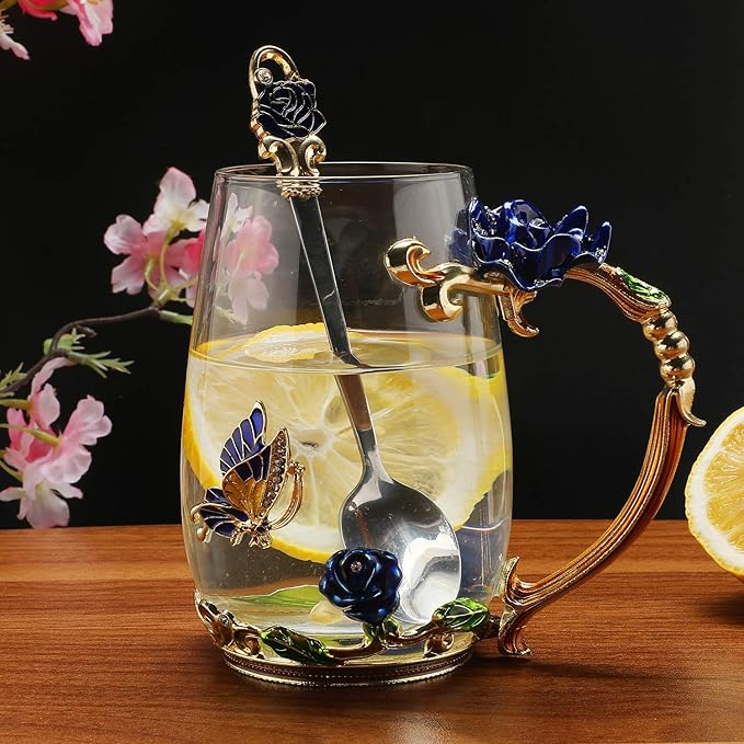 Luka Tech Enamels Butterfly flower Lead-free Glass Coffee Mugs Tea Cup with Steel Spoon, personalised Gifts For Women Wife Mom Friends Birthday Mothers Valentines Day Wedding (Blue-Tall)