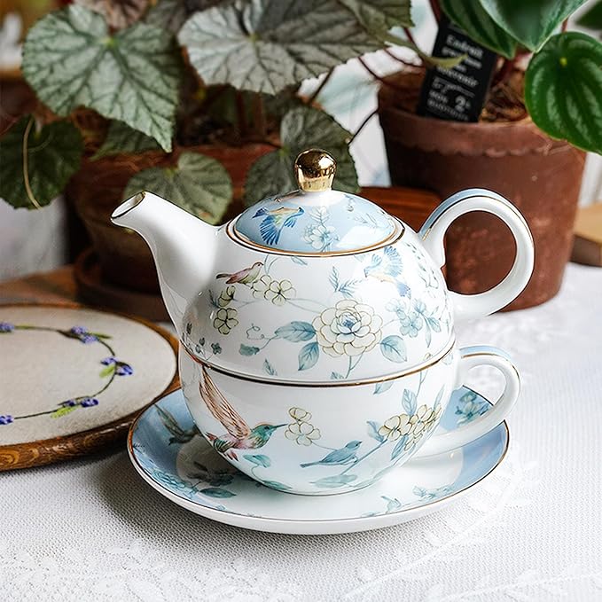 Porcelain Tea for One Teapot and Cup Set, Vintage Floral Porcelain Tea Pot Sets Gift for Women