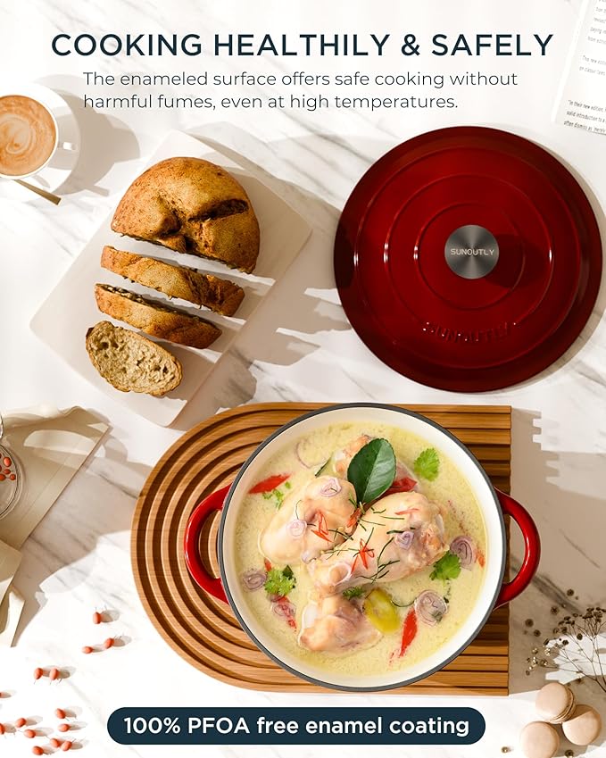 Enameled Cast Iron Dutch Oven - 6QT Pot with Lid & Cotton Potholders - Heavy-Duty Cookware for Braising, Stews, Roasting, Bread Baking, Oven Safe up to 500°F & Suitable for All Cooktops, Cherry Red