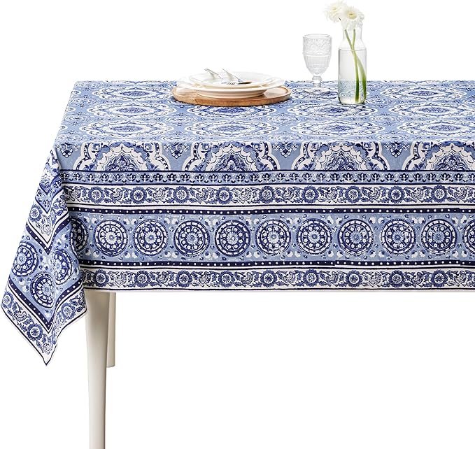 Maison d' Hermine Table Cloth Rectangle Table 100% Cotton 70 x 140 Inches Tablecloth Reusable Decorative for Dining Room Farmhouse Home Valentines Day Decorations Spring Summer - Melodie Bleue