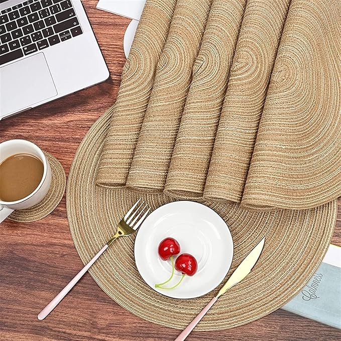 Farmhouse Braided Woven Placemats and Coasters Set Non-Slip Indoor Outdoor Coffee Kitchen Dining Table Mats(WP Silver,6 Sets)