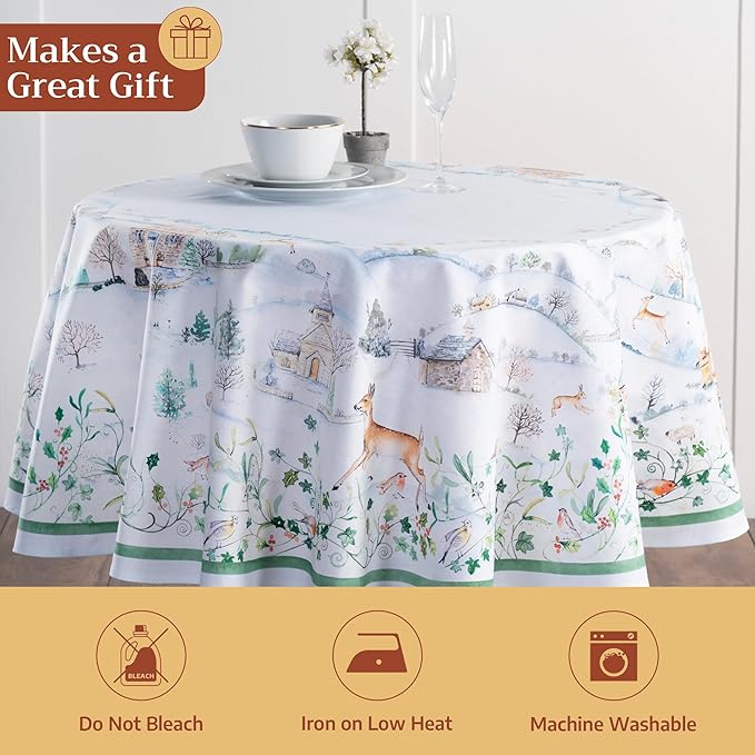 Maison d' Hermine Table Cloth Round Table 100% Cotton 69 Inches Fall Tablecloth Reusable Everyday Use for Thanksgiving Christmas Decorations Dining Farmhouse Party (Snowy World)