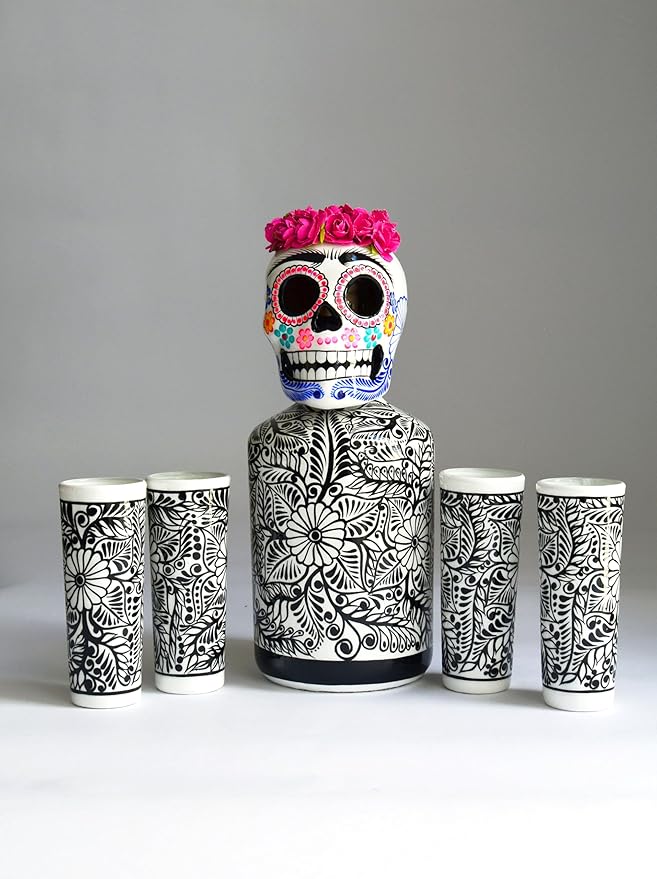 Tequila Decanter Set,Frida Kahlo Gift, Hand-painted Decanter, Skull Decanter, Bar Decoration, Unique Tequila Gift, Artesania mexicana, Catrina, Mexican Sugarskulls (White Frida Kahlo Set)