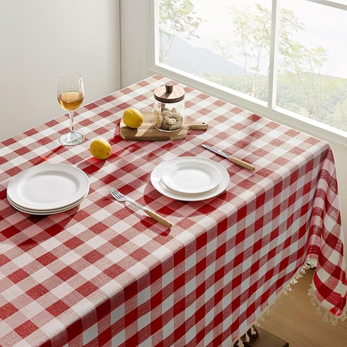 Softalker Checkered Tablecloth Rectangle, Outdoor Linen Cotton Gingham Table Cloth with Tassel, Heavy Duty Wrinkle Free Buffalo Plaid Table Cover for Kitchen Dining Home Party - 55 x 84 Inch, Red