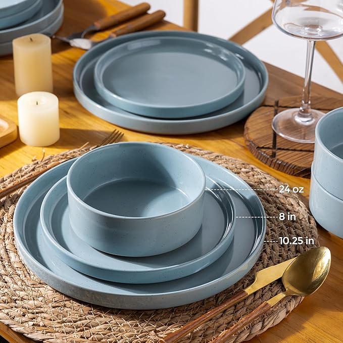 AmorArc Ceramic Dinnerware Set for 8 | Speckled Stoneware Plates and Bowls with Rustic Terracotta Underside| Scratch Resistant,Dishwasher & Microwave Safe Dishes Sets- 24pcs Blue