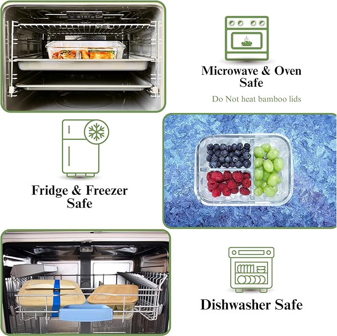 Glass Food Storage Containers with Bamboo Lids, Airtight Containers, Non Toxic Food Storage, Eco Friendly Fridge Storage Containers Includes Elastic Bands and Utensils (6)