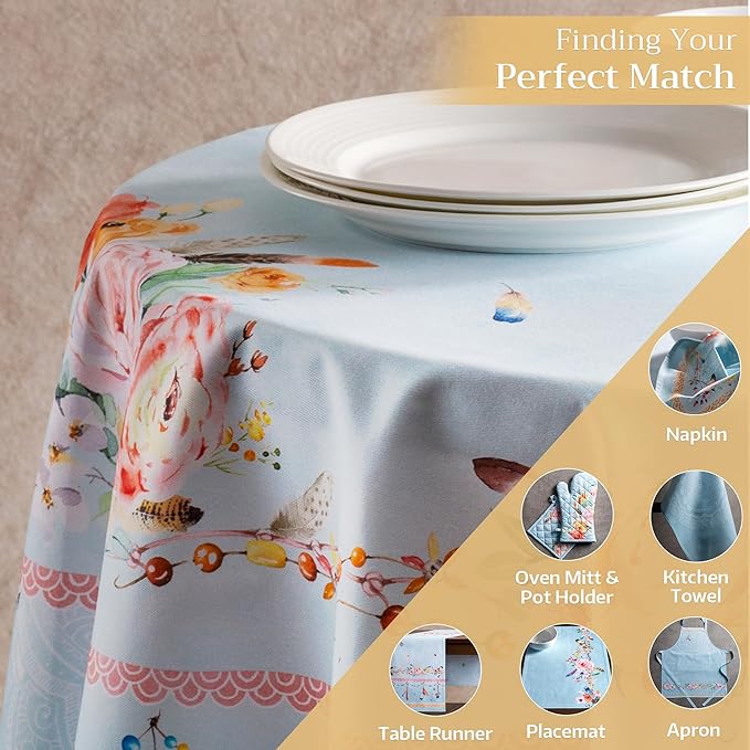 Maison d' Hermine Table Cloth Round Table 100% Cotton 63 Round Inches Tablecloth Reusable Decorative for Dining Room Farmhouse Home Valentines Day Decorations Spring Summer - Ibiza - Blue