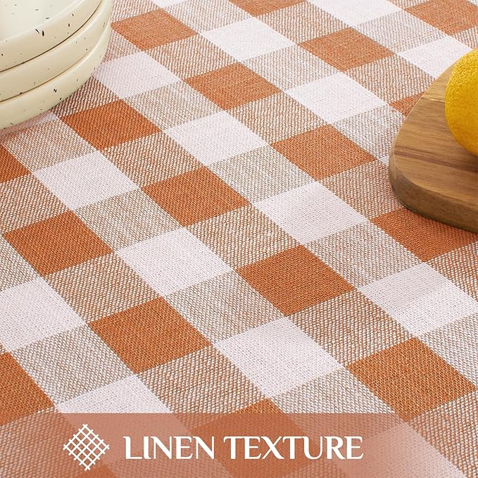 Softalker Fall Checkered Tablecloth Rectangle, Heavy Weight Linen Cotton Gingham Thanksgiving Orange Table Cloth with Tassel, Wrinkle Free Buffalo Plaid Table Cover for Dining Party- 55 x 102 Inch