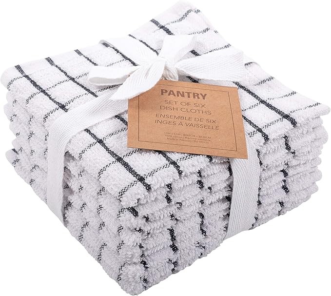 KAF Home Pantry 100% Cotton Checkered Grid Dish Cloths | Set of 6, 12 x 12 Inches | Absorbent and Machine Washable | Perfect for Cleaning Counters, and Any Household Spills - Black