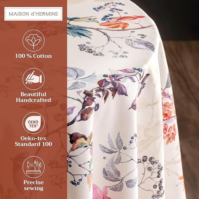 Maison d' Hermine Table Cloth Round Table 100% Cotton 63 Inches Fall Tablecloth Reusable Everyday Use for Thanksgiving Christmas Decorations Dining Farmhouse Party (Equinoxe - Beige)