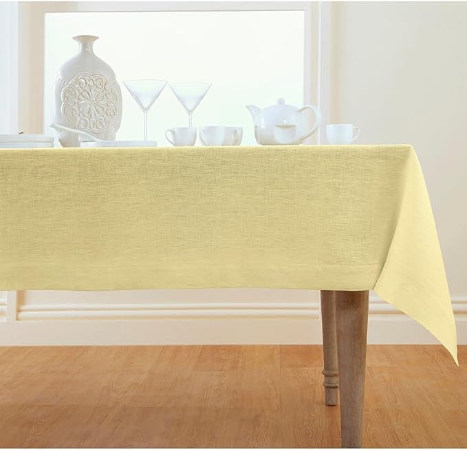 Solino Home Linen Tablecloth 60 x 90 Inch - 100% Pure Linen Chambray Yellow Table Cloth for Rectangular Tables - Athena, Machine Washable Cloth Tablecloth for Spring, Easter