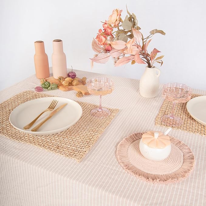MONDAY MOOSE Striped Farmhouse Picnic Style Decoration Rectangle Natural Stonewashed Cotton Tablecloth for Kitchen, Dining Room, Restaurant (55x70 inch, Beige/White Stripes)