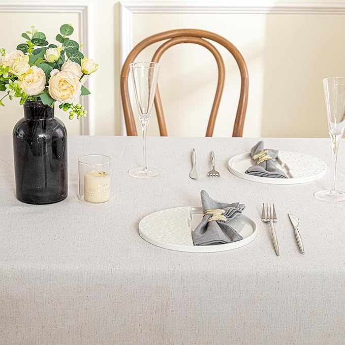 MYSKY HOME Rectangle Tablecloth, 60x60 inches, Heavy Duty Cotton Tassel Linen Look Waterproof Farmhouse Tablecloth, Wrinkle Free, Beige Tassels for Kitchen Dining, Party