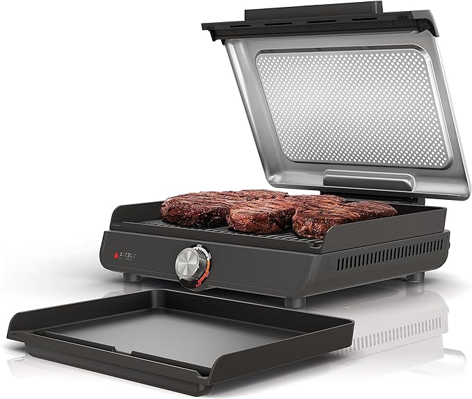 Ninja GR101 Sizzle Smokeless Indoor Grill & Griddle (Renewed), 14′′ Interchangeable Nonstick Plates, Dishwasher-Safe Removable Mesh Lid, 500F Max Heat, Even Edge-to-Edge Cooking, Grey/Silver