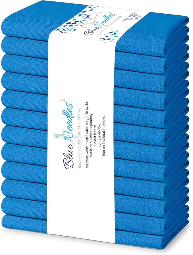 Blue Needles Solid Cloth Napkins Set of 12 Royal Blue 100% Cotton Dinner Napkins 18x18 inches - Soft, Reusable, Absorbent & Washable Linen, Ideal for Wedding Events, Parties & Everyday Use