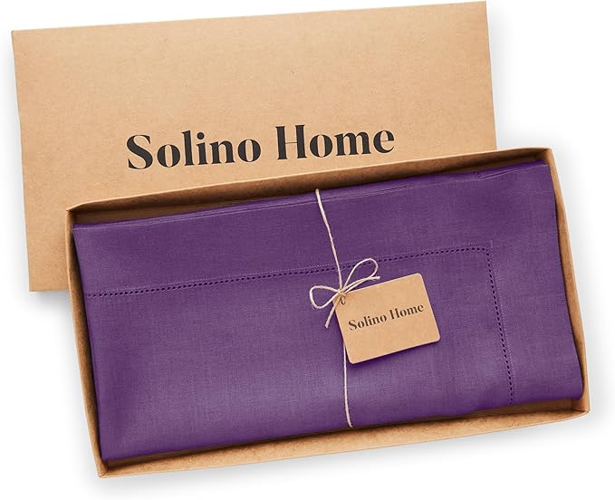 Solino Home Square Linen Tablecloth 52 x 52 Inch - 100% Pure Linen Purple Table Throw - Classic Hemstitch, Machine Washable Table Cloth for Valentines, Spring, Easter