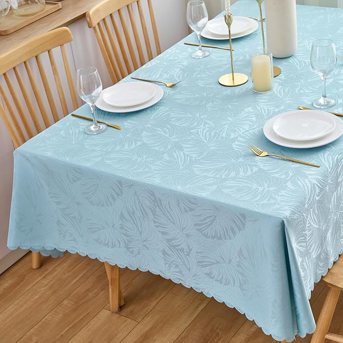 Rectangle Tablecloths Jacquard Table Cloth Leaves Pattern Silky Soft Waterproof Washable Light Blue Oblong Table Cover for Kitchen Dining Birthday Party Banquet Decor (60x84 Inch)