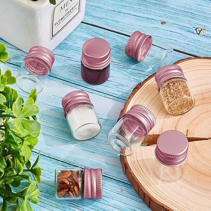 Tessco for you 200 Pcs 5 ml Mini Glass Bottles with Aluminum Cap Tiny Jars Mini Glass Jars Small Clear Vials with Screw Caps Tiny Containers for DIY Craft Storage (Rose Gold)