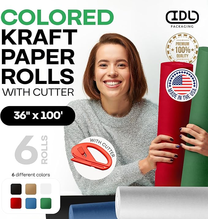 Assorted Colors Construction Paper with Cutter, Set of 6 Rolls 36" x 1200" (100 ft) - USA-Made Natural Multi-Color Paper for Gift Wrapping, Kids' Arts & Crafts, School & DIY Projects by IDL Packaging