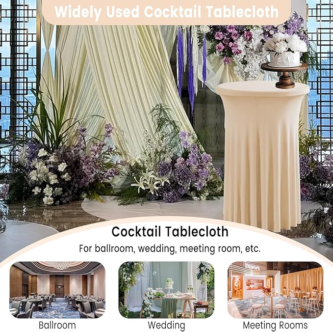 Qubjus 2 Pack Round Cocktail Table Covers with Skirt Stretch Spandex Tablecloth 24"x43" Cocktail Round Tablecloth for Party Wedding Birthday Banquet, Champagne