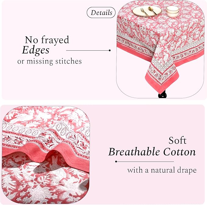 CPC Tablecloth 100% Cotton 72x190 Inch Indian Block Print Rectangle Table Cover, Pink Table Cloth for Weddings, Spring/Summer, Barbeque - Pink Coral