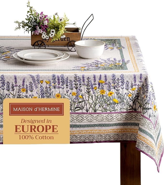 Maison d' Hermine Table Cloth Rectangle Table 100% Cotton 70 x 120 Inches Tablecloth Reusable Decorative for Dining Room Farmhouse Home Valentines Day Decorations Spring Summer - Fanny Lavender