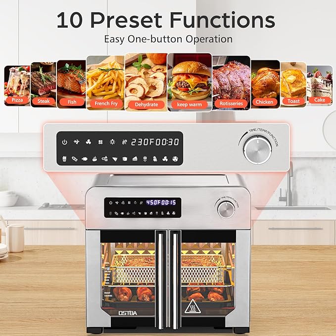 OSTBA French Door Air Fryer Toaster Oven Combo, 102 Recipes & 7 Accessories Extra Large Airfryer Convection Oven Countertop 10-in-1, 30% Faster 90% Less Oil, Stainless Steel