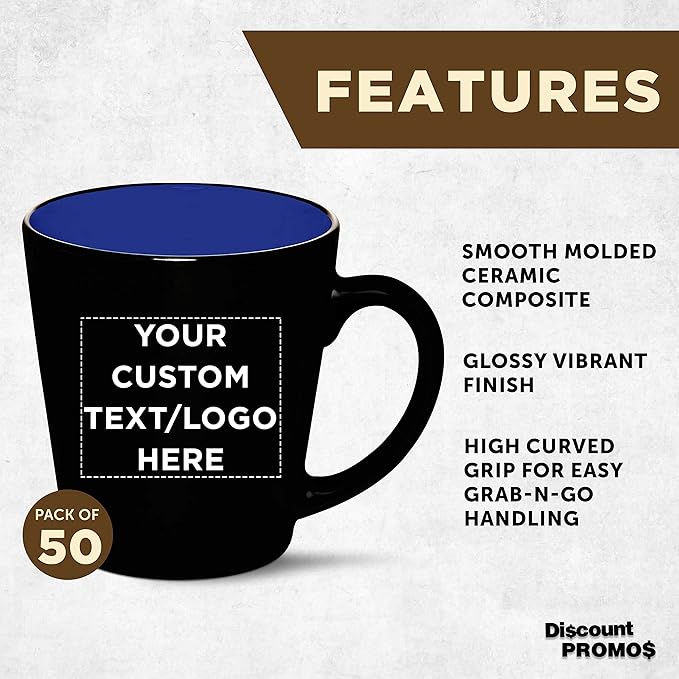Custom Ceramic Coffee Latte Mugs 12 oz. Set of 50, Personalized Bulk Pack - Perfect for Coffee, Tea, Espresso, Hot Cocoa, Other Beverages - Royal Blue