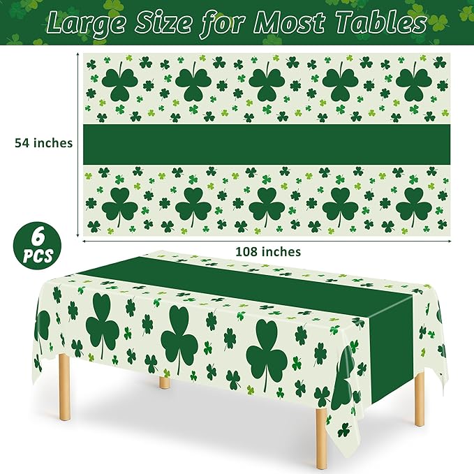 6 Pack St Patricks Day Tablecloth, 108" X 54" Disposable Shamrock Green Table Cloth, Plastic St Patricks Day Decorations for Table Irish Table Cover, Rectangle Lucky Holiday Decor for Irish Party