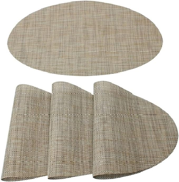 Washable Oval PVC Placemats Set of 1/4/6 Heat Cross Woven Non-Slip Insulation Table Mats for Kitchen Dining Table(Tuo Brown,4pcs)