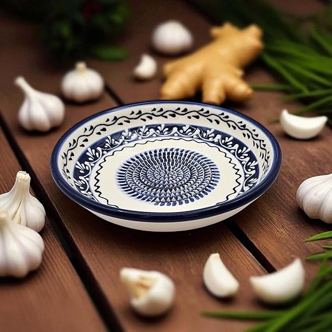Ceramic Grater Bowl, Garlice Grater Plate, Handmade Ginger Grater, Mincer Bowl for Cheese &Vegetables, Ceramic Decorative Mincer, Hand Dish for Garlic (Marine Vines)