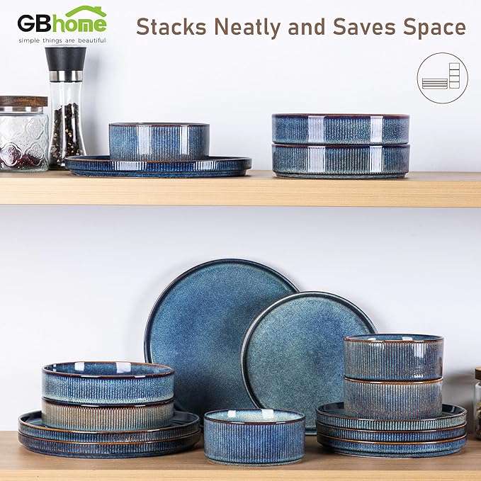 GBHOME 18-Piece Stoneware Dinnerware Set for 6 – Ribbed Ceramic Plates and Bowls, Scratch-Resistant, Microwave & Dishwasher Safe, Reactive Glaze, Ceylon Blue