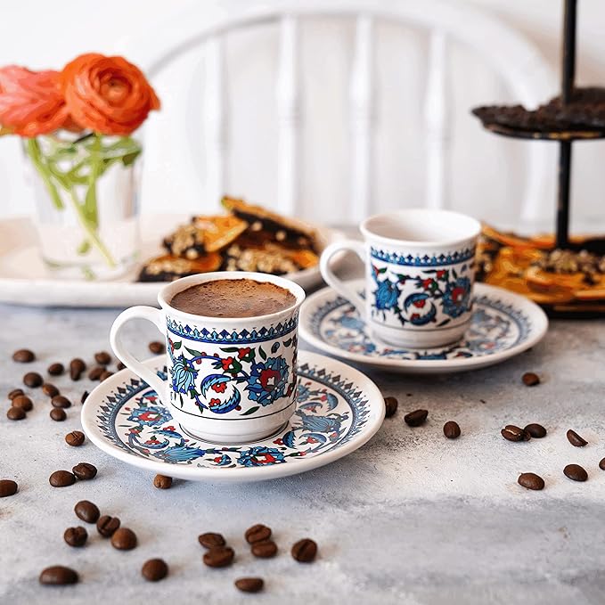 Turkish Coffee Cup Set of 2 with Saucers & Holder – Ceramic, Dishwasher-Safe, Keeps Warm – Patterned Turkish Espresso Cups Set for Home & Office (Standart, 2, Count)