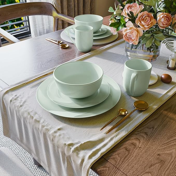 Yoshy 12-Piece White Bone China Dinnerware with Lightweight Durable Chip Resistant Design Service for 4 (16 Piece - Service for 4, Willowmist)
