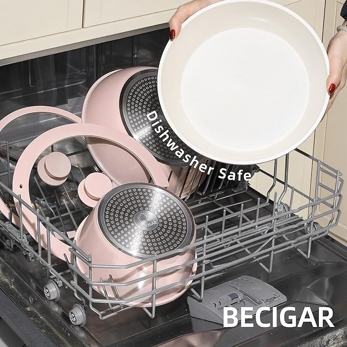 23pcs Ceramic Pots and Pans Set, Nonstick Detachable Handle Cookware, Induction Kitchen Cooking Set with Removable Handle,include Frying Pans & Saucepans Oven Safe(Pink)