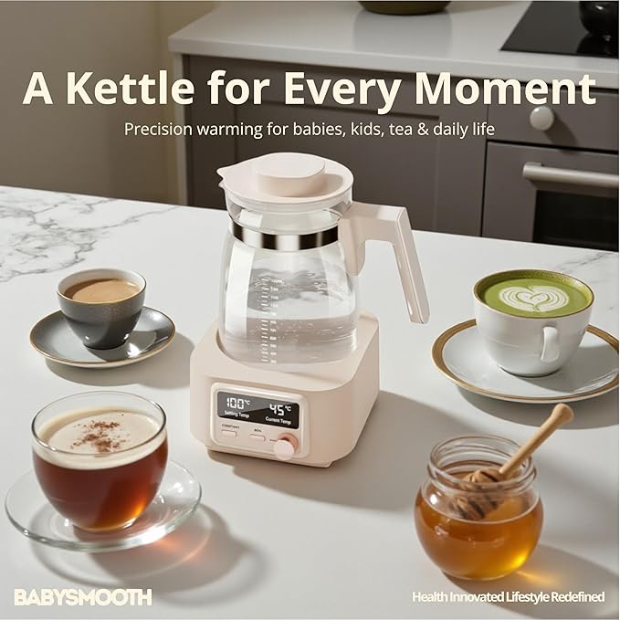 Babysmooth Smart Kettle Pro Electric Glass Kettle, 1.3L Capacity, Digital LED Display, Temperature Control 40-100°C, Auto Keep Warm Function, Silent Operation, Beige, for Tea and Coffee Brewing