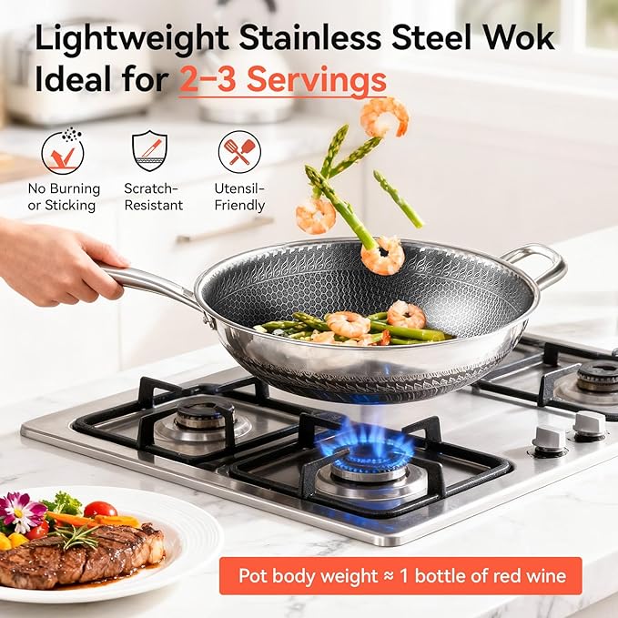 WANGYUANJI Upgraded Coating-Free 12.6" Stainless Steel Wok with Lid – Enhanced Multi-Layer Steel, Flat-Bottom Stir-Fry Pan, Honeycomb Surface, Induction & Oven Safe