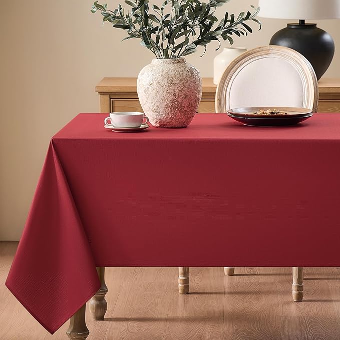 Faux Linen Tablecloths for Rectangle Tables, Burlap Textured Table Cloths Washable Farmhouse Table Cover Water Resistant for Dining, Wedding, Outdoor(Red, 60"×84")