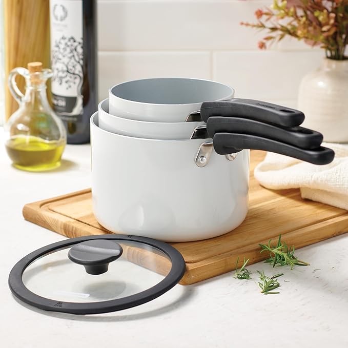 Tramontina Ceramic Non Stick 6-Piece Nesting Sauce Pan Set with Lids - Stackable Nonstick Cookware Set, Dishwasher and Oven Safe, White