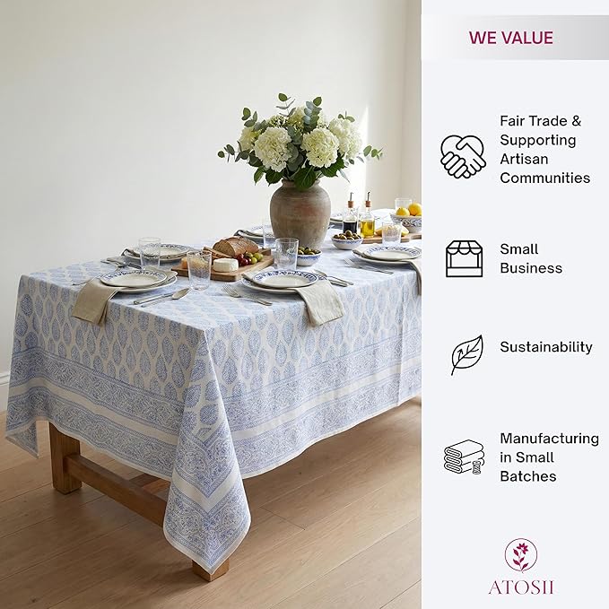 ATOSII Cotton Tablecloth Amalfi Blue 72" X 120" Inches Rectangle