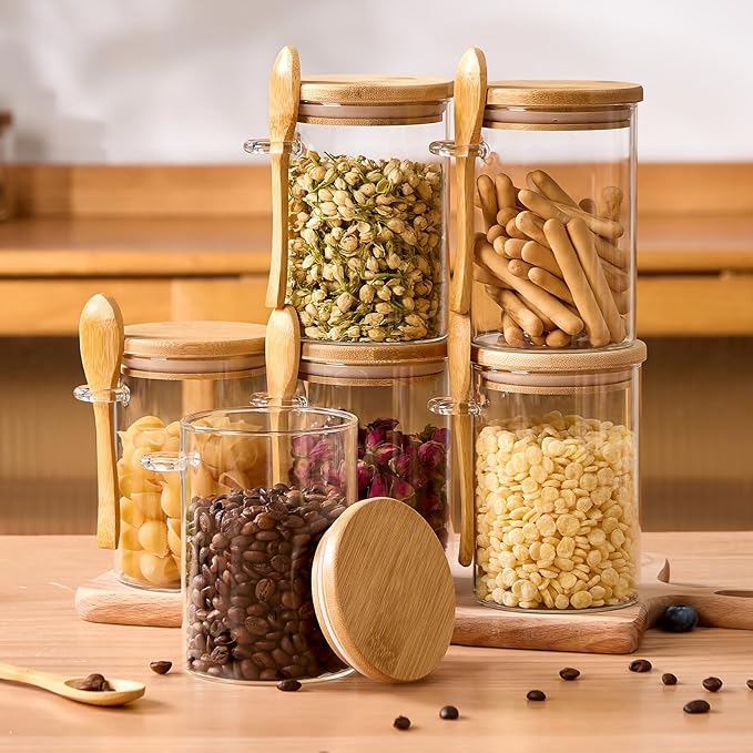 4 Pack Overnight Oats Containers with Bamboo Lids and Spoons - 22 oz Airtight Glass Jars with Lid, Meal Prep Jars for Chia Pudding, Yogurt, Salad, Cereal, Coffee, Flour | Food Storage Canister