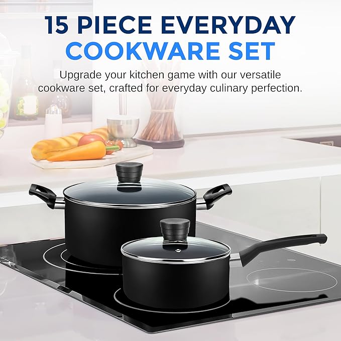 SereneLife Kitchenware Pots & Pans Basic Kitchen Cookware, Black Non-Stick Coating Inside, Heat Resistant Lacquer (15-Piece Set), One Size