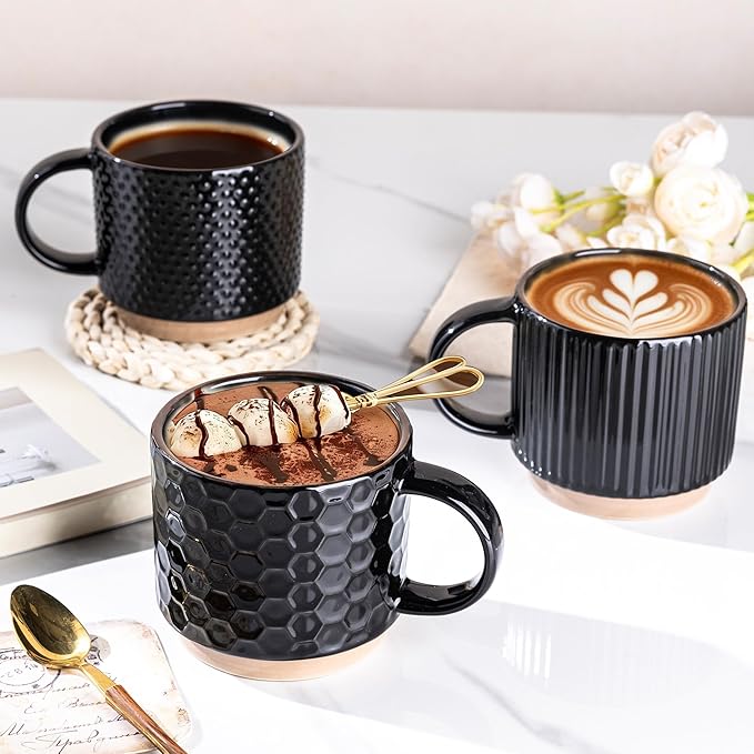 GBhome 12OZ Stackable Coffee Mugs, Ceramic Coffee Mugs with Texture Patterns for Man,Woman,Dad,Mom, Modern Coffee Mugs Set of 4 for Latte/Cappuccino/Cocoa. Dishwasher&Microwave Safe, Black