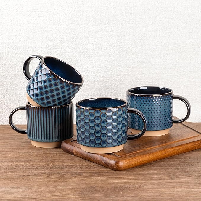 GBhome 15OZ Stackable Coffee Mugs, Ceramic Coffee Mugs with Texture Patterns for Man,Woman,Dad,Mom, Modern Coffee Mugs Set of 4 for Latte/Cappuccino/Cocoa. Dishwasher&Microwave Safe,