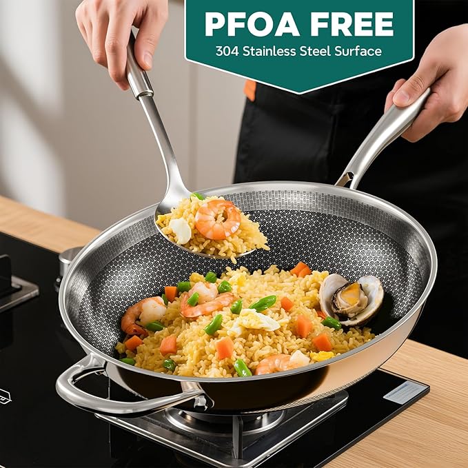 Wok Pan, 13-Inch Stainless Steel Woks & Stir-Fry Pans Nonstick, Wok Pan with Lid for Induction, Electric, Gas, Halogen, All Stoves, Professional PFOA Free Cookware, Dishwasher & Fast Heat