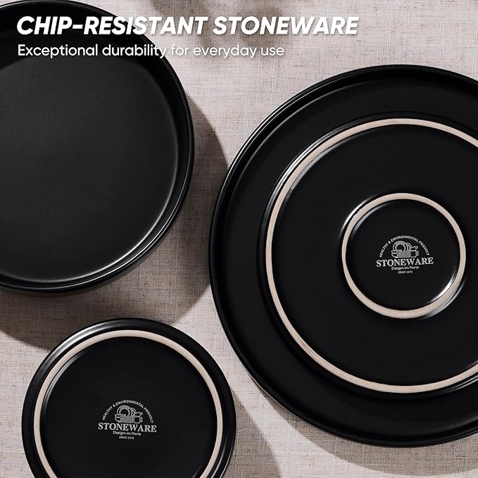 E-far 8-Piece Black Plates and Bowls Sets - Stoneware Dinnerware Sets with Pasta Bowls for 2 | Matte Black Kitchen Modern Dish Set, Microwave & Dishwasher Safe