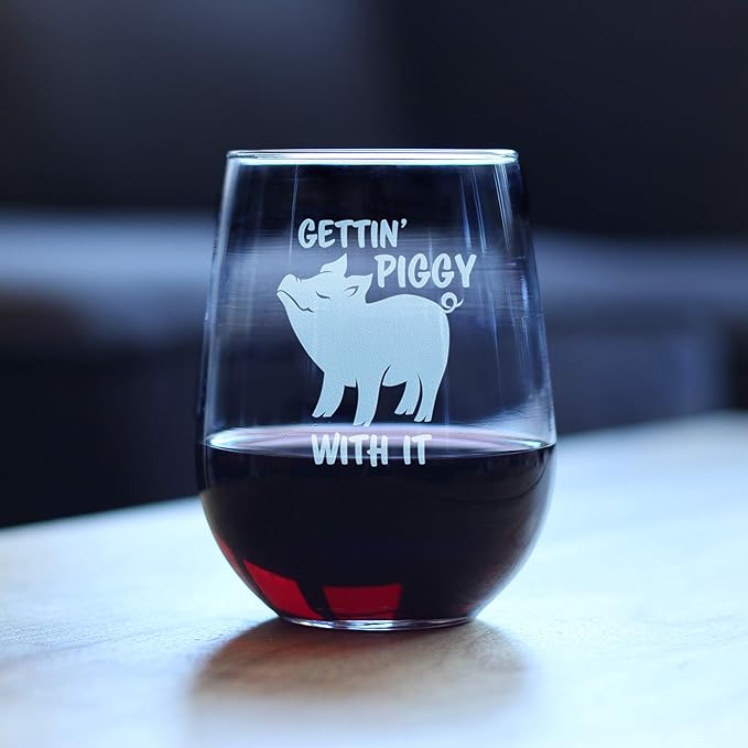 Bevvee Gettin' Piggy With It - Stemless Wine Glass - Pig Decor Gifts for Lovers of Swine and Wine - Large 17 Ounce
