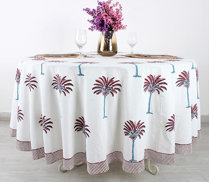 Ridhi Block Print Round Red Palm Reusable Tablecloth 100% Cotton 60" Inch Decorative Table Cover eveyday Dining, Home, Party, Wedding, Farmhouse Gift for Spring, Easter, Valentine