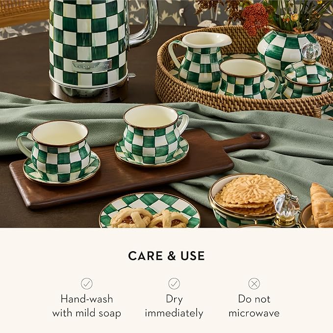 MACKENZIE-CHILDS Enamel Saucer, Small Coffee and Teacup Saucer, Green-and-White Emerald Check
