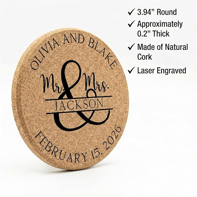 Set of 30-100 Personalized Cork Coasters | Monogrammed Mr & Mrs Wedding Coaster Favors | Custom Engraved Cork Coaster Set | CC104